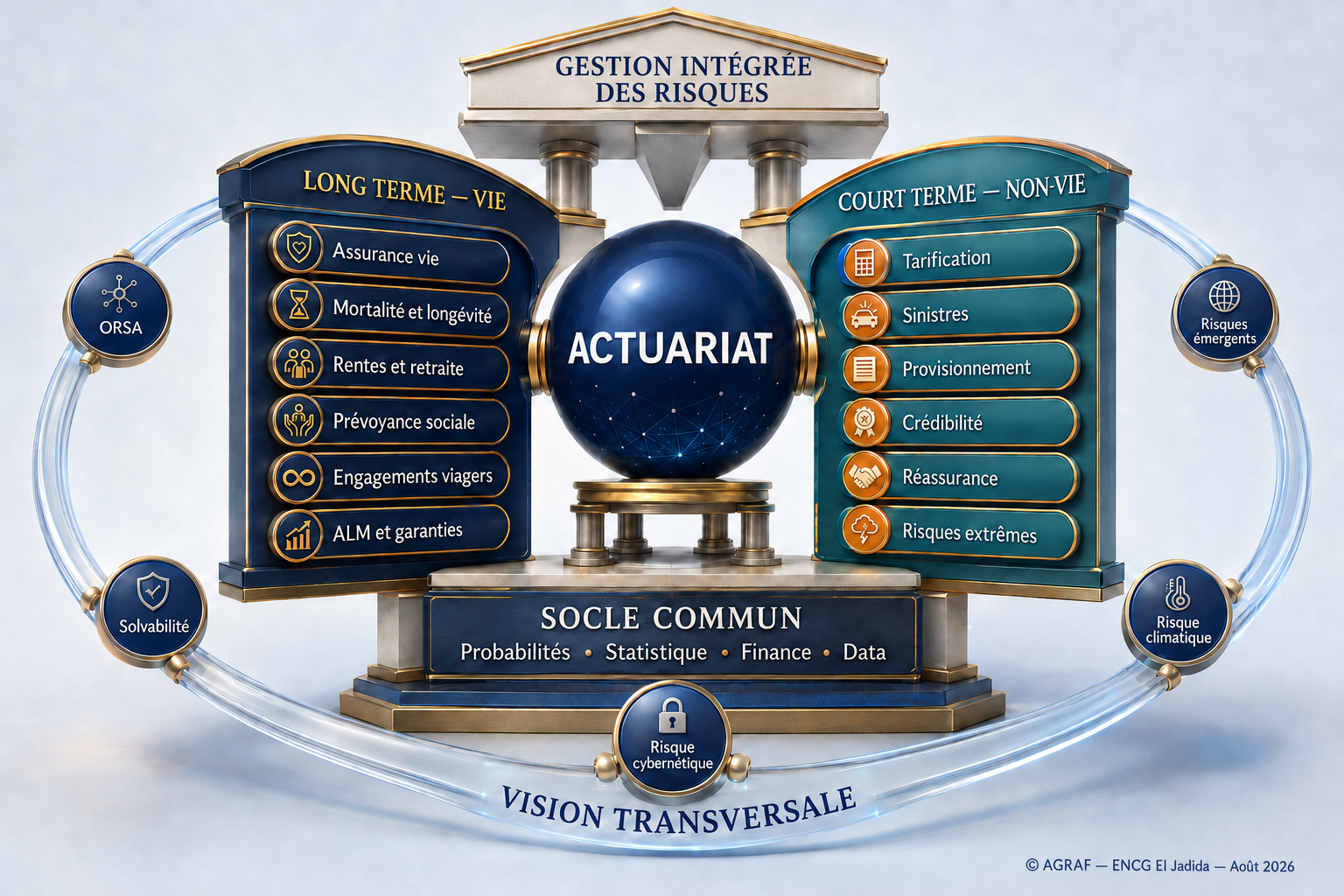 Schéma AGRAF de l’actuariat : vie et long terme, non-vie et court terme, gestion intégrée des risques et risques transversaux